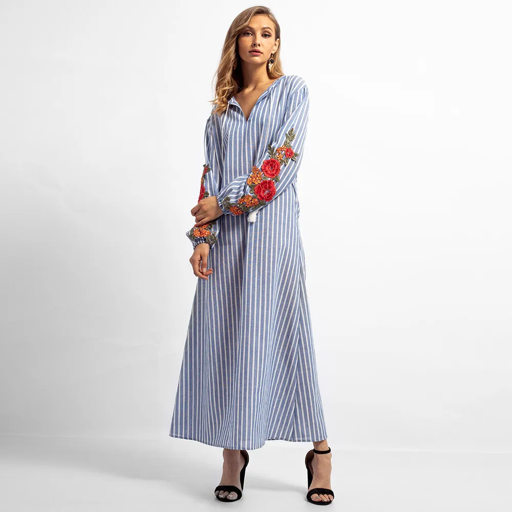 

Ramadan Dress Women Summer Slash Neck Full Sleeve Striped Embroidery Casual Long Dress Belted Tunic Beach Dresses 4.15