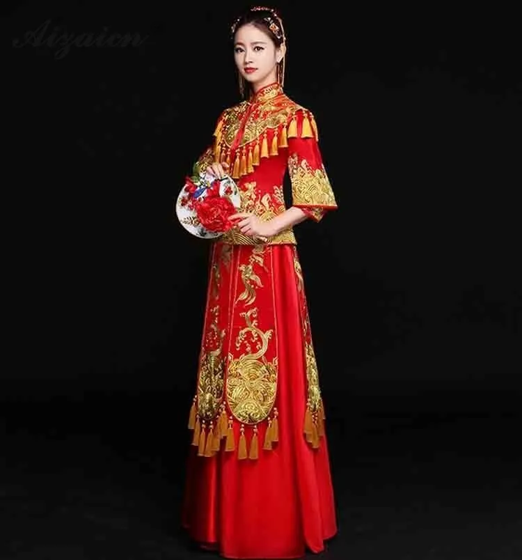 2019 Красный невесты Китайский традиционный свадебный платье Qi ПАО для женщин Мода кисточкой Длинные Cheongsam современный Восточный стиль Qipao