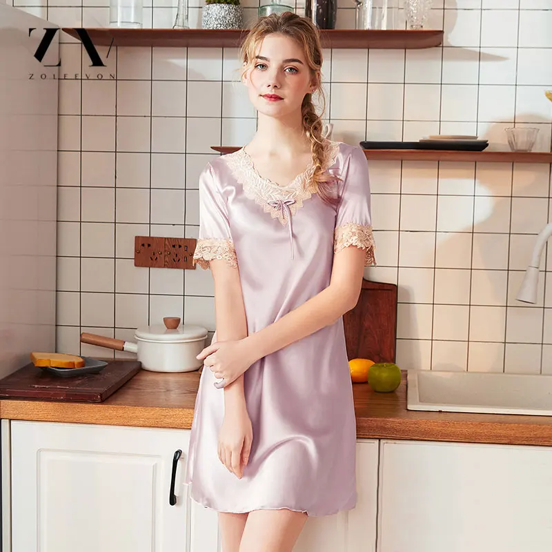 Женская шелковая одежда для сна летний кружевной пеньюар сексуальное нижнее белье короткая ночная рубашка для женщин Атласные Рубашки для сна Сорочка Ночное платье - Цвет: 1026 light purple