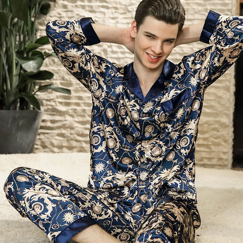 Demiesilk Men's 가짜 실크 Button Down Pajama Sets 긴 Sleeve 여름 와 잠 옷 긴 잠