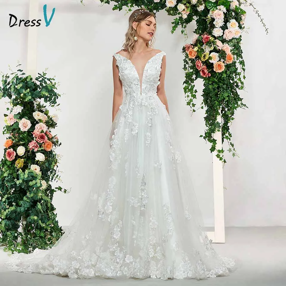 

Dressv ivory appliques a line elegant v neck flowers sleeveless wedding dress floor length simple bridal gowns wedding dresses