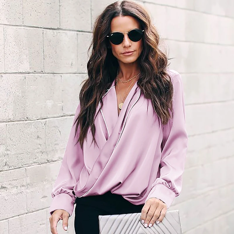 Women Blouse Autumn Long Sleeve Sexy Cross V Neck Pajamas Blouses Solid Pullover Shirts Office Lady Formal Solid Tops Blouse