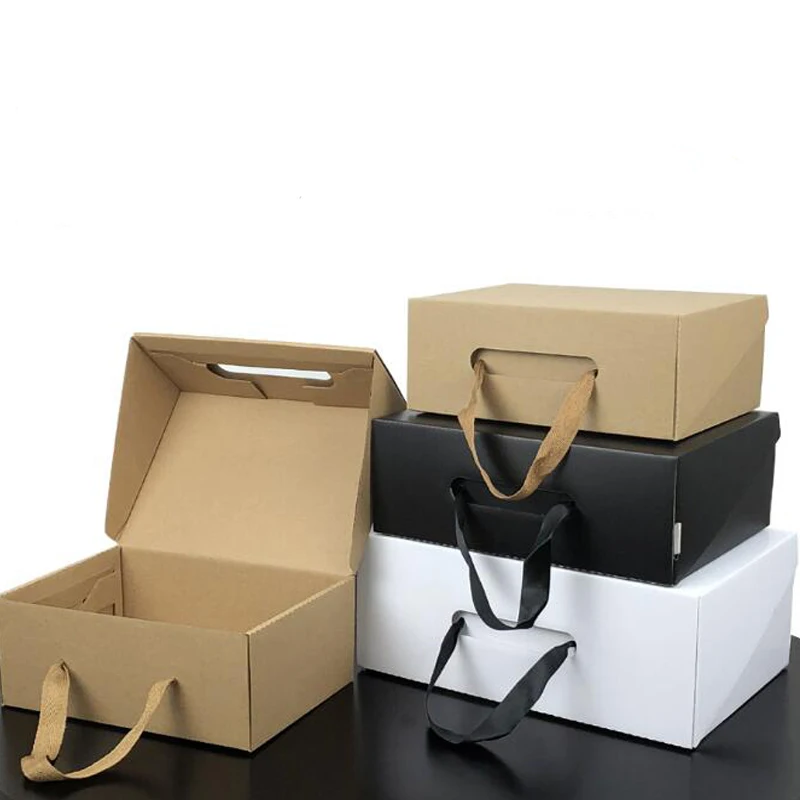 100 шт заказной печатный логотип гофрированные коробки для обуви черный/коричневый/белый портативные туфли с веревками коробки могут быть настроены