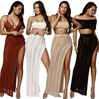 

2019 Summer New bikini swimsuit women cover ups Knitted high split Beach dress sexy hollow out beachwear cover up 4 colors