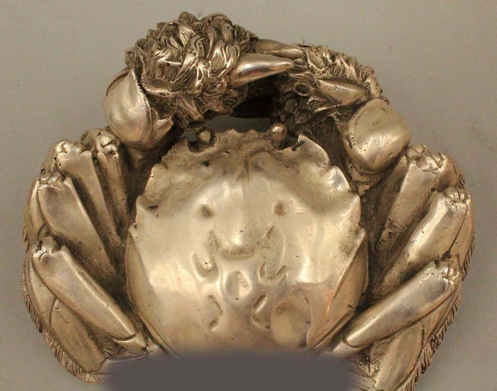 

4" China Chinese Folk Feng Shui Silver Crab Hairy Crab Animal Statue Sculpture