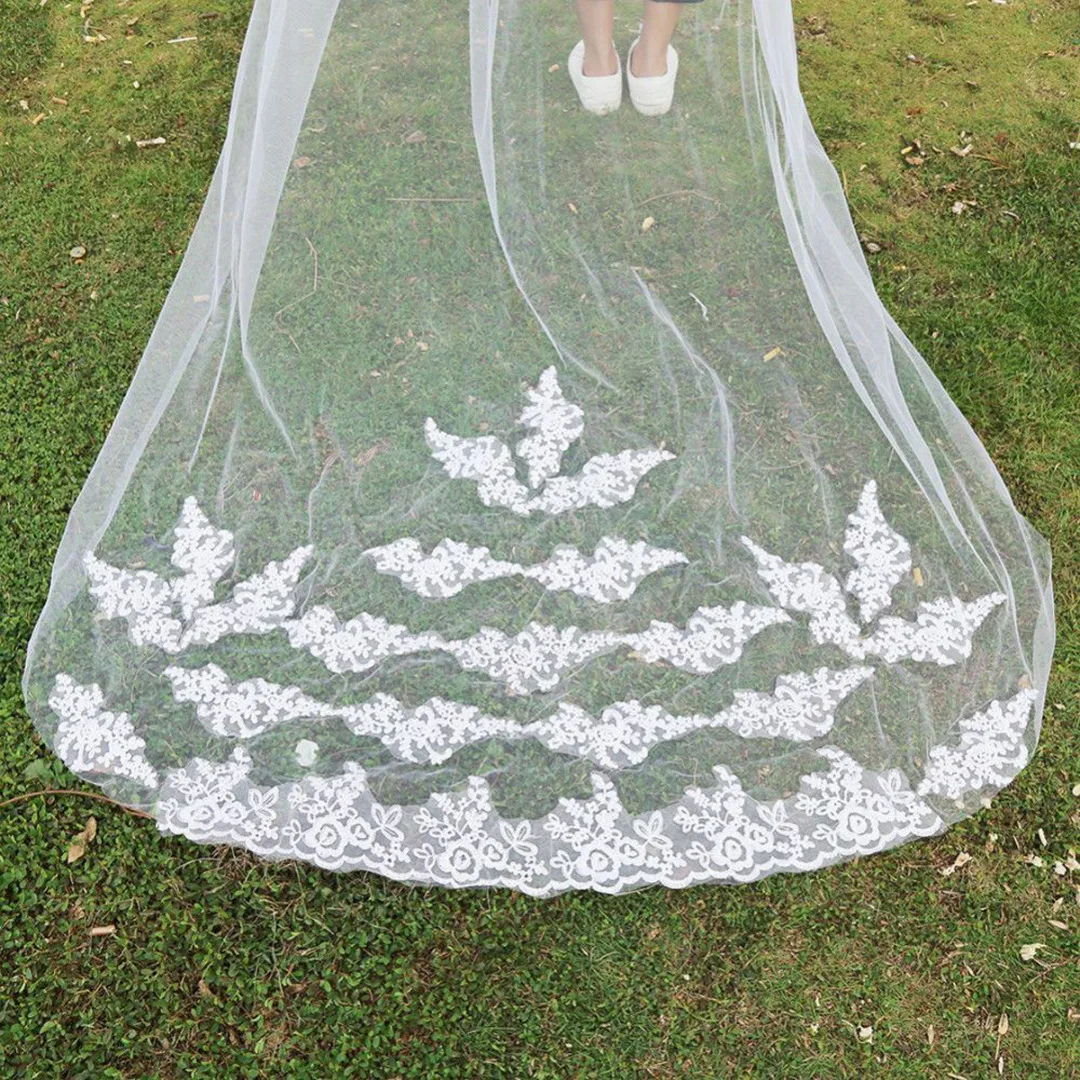 Bridal White Ivory Wedding Veil Soft Long Tail Applique Edge Lace Wedding Veil Fabric withComb Married Dress Decoration Supplies