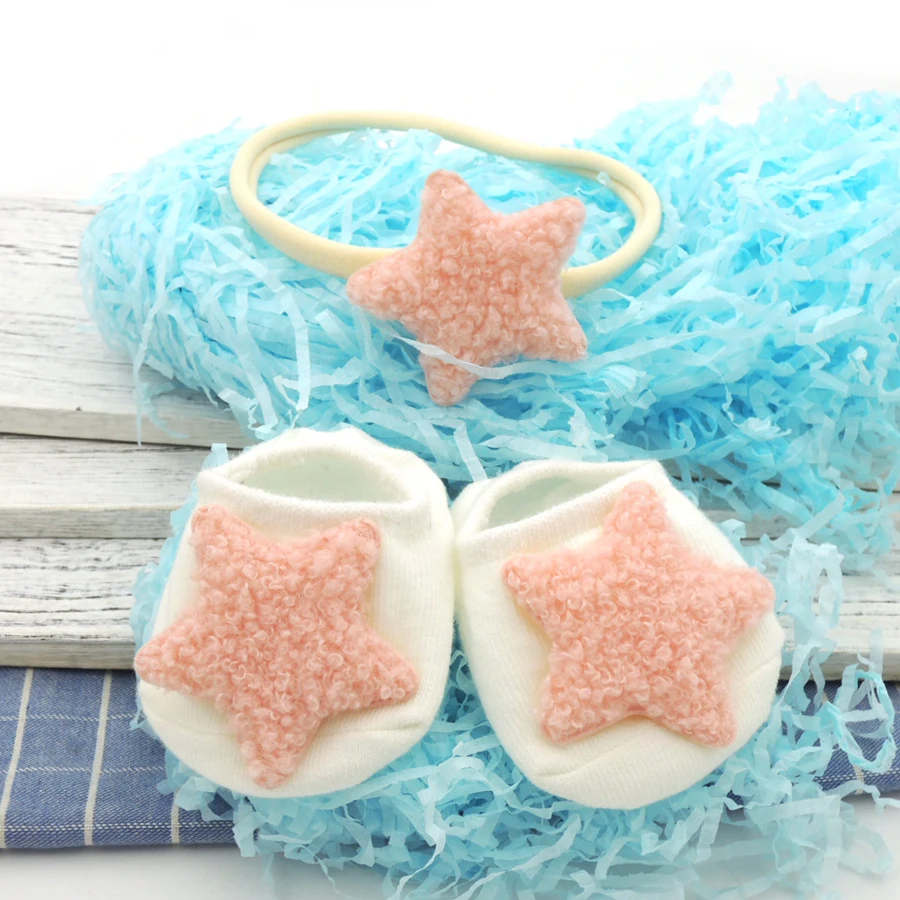 Комплект Детские повязка и Носки розовый овечьей шерсти форме звезды головной убор для новорожденных малышей душ подарочный набор BB10