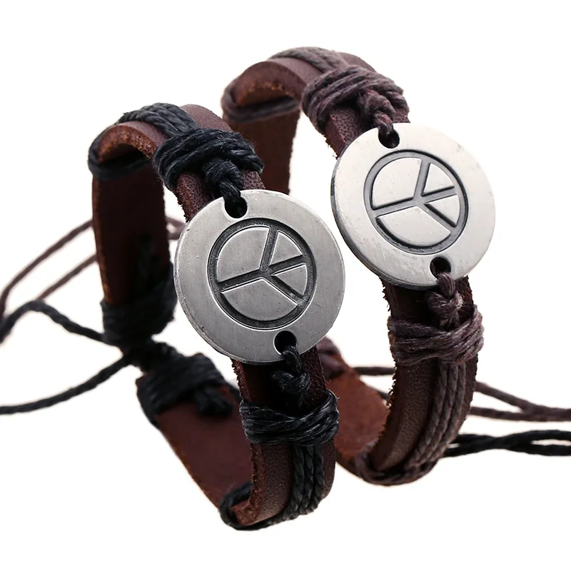 

Fashion Trendy Peace Charm Jewelry Bangles Pacifist Handmade Genuine Leather Wristband Unisex Bracelets Hemp Rope Man Bracelet