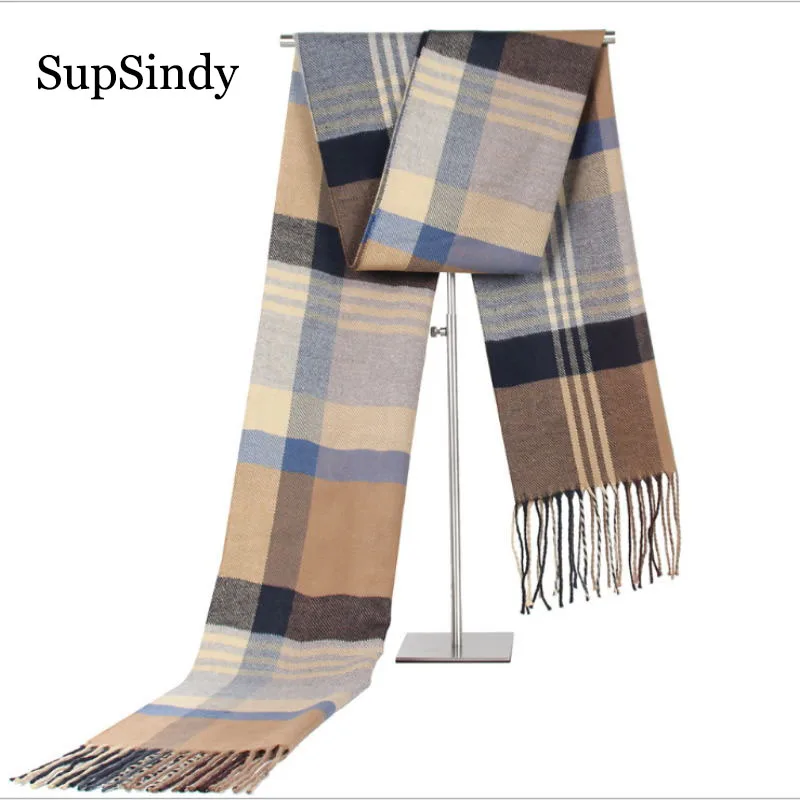 SupSindy зимний мужской шарф, винтажные мягкие клетчатые шарфы, роскошная шаль, теплый кашемировый полосатый акриловый повседневный мужской шарф с кисточками
