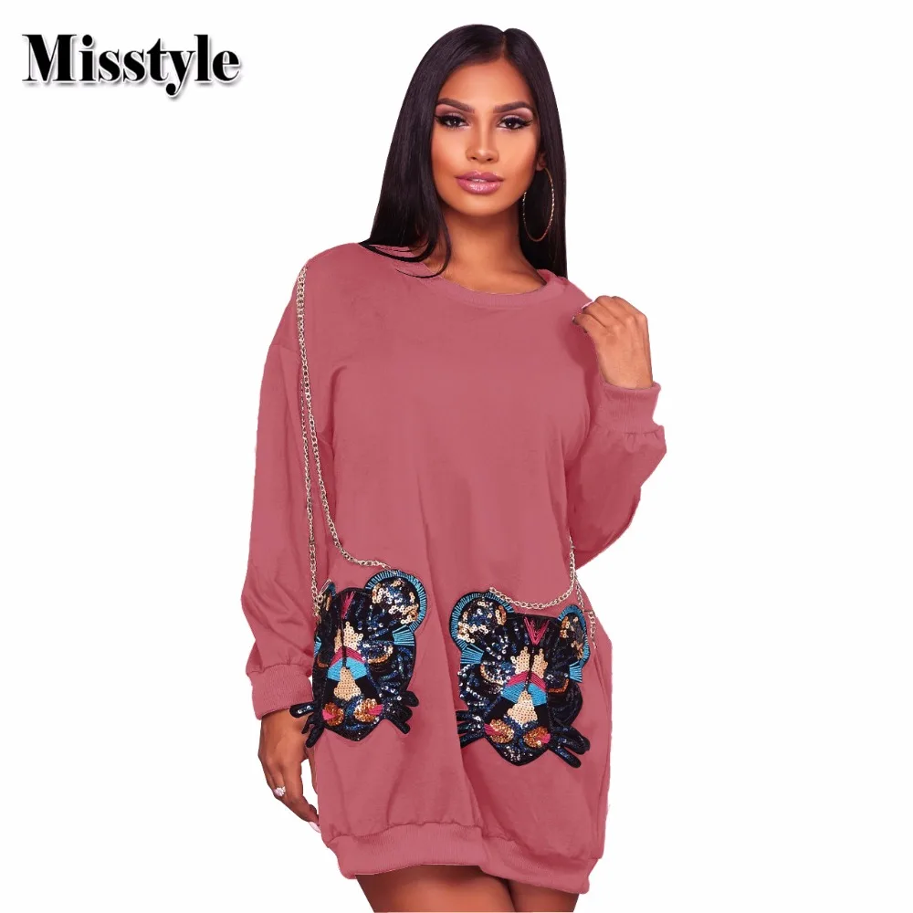 

Misstyle Sequins Embroidery Pullover Long Hoodies Casual Women Tiger Head Chains Loose Long Sleeves Ladies Sweatshirt Streetwear