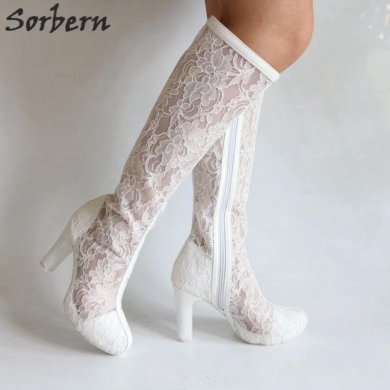 Sorbern/Элегантные белые кружевные сапоги до колена на не сужающемся книзу массивном высоком каблуке для женщин, обувь на платформе с круглым