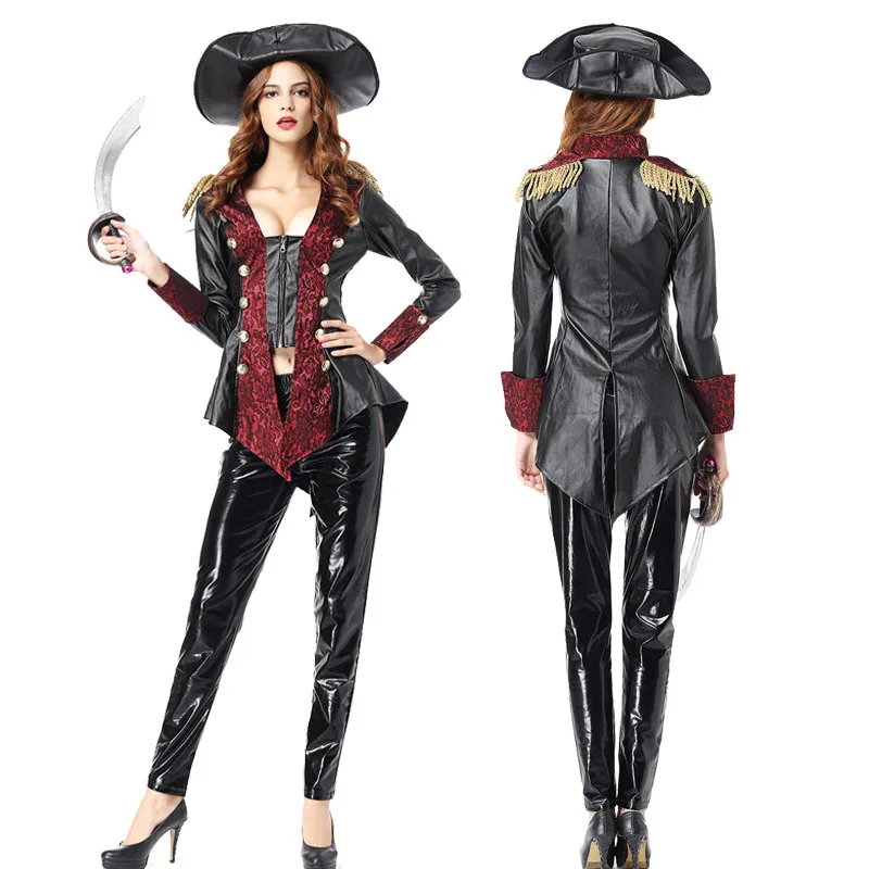 

Adult Women Sexy Halloween Pirate Costume Ladies Black Cool Fancy Vinyl Coat Pants Hat Suits Vintage Clothing Outfit For Girls