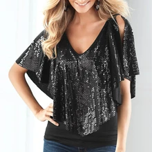 Kesebi 2017 Spring Summer New Hot Fashion Women European V-neck Stitching Short Sleeve Tops Female Casual Sequins Sexy T-shirts