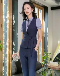 Новинка 2019, женский темно-синий жилет и жилет, женские деловые костюмы со штанами и топами, офисный униформенный стиль