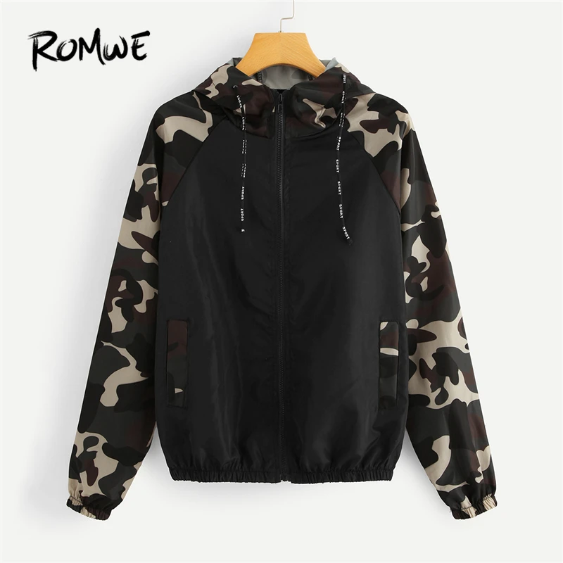 

ROMWE Zip Up Women Hoodies Contrast Camo Panel Raglan Sleeve Jacket Casual Long Sleeves Coats Autumn Outwear Womens Clothes