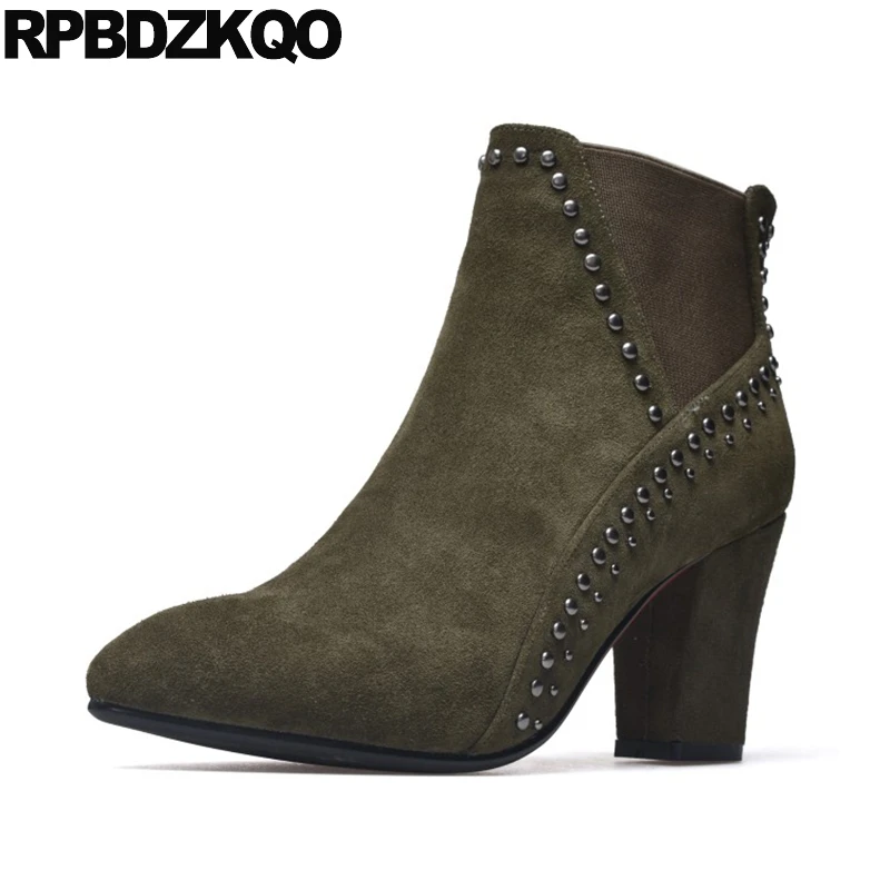 

Pointed Toe Stud British Slip On Booties Rivet High Heel Chelsea Casual Ankle Fall Chunky Suede Green Female Fashion New Ladies
