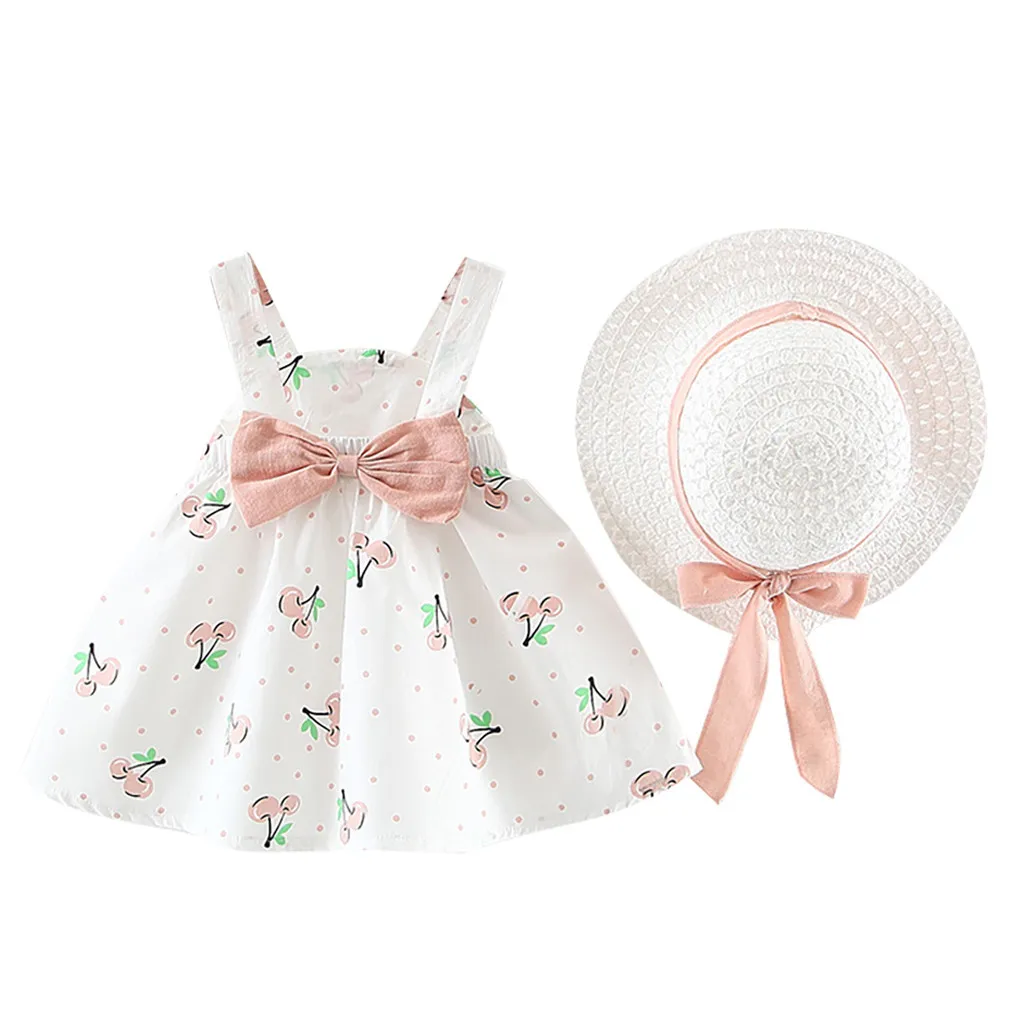 

Perimedes Summer Baby Girls Bow Dress Clothes Toddler Baby Kids Girls Sleeveless Cherry Dot Princess Dresses Bow Hat Outfits