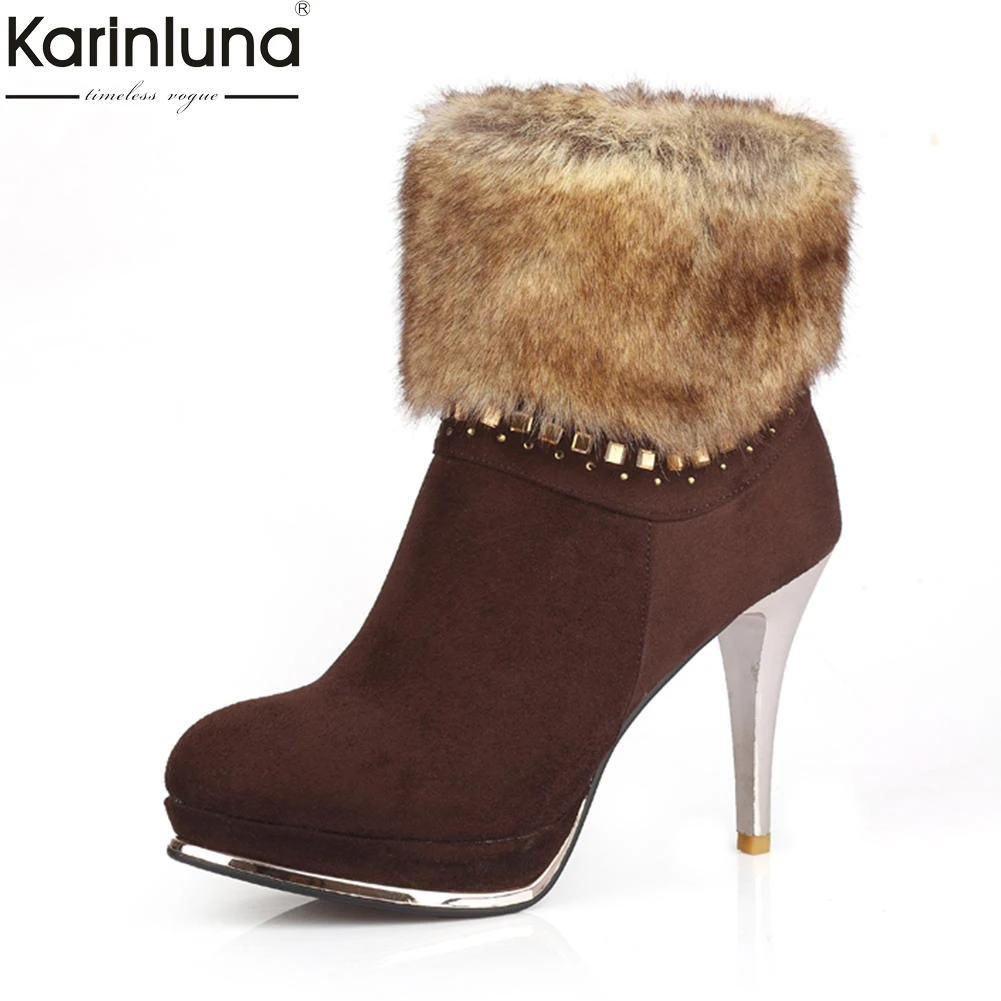 

KARINLUNA 2018 Large Sizes 34-43 Dropship Thin High Heels Add Fur Warm Shoes Woman Boots Winter Women Ankle Boots Woman Shoes