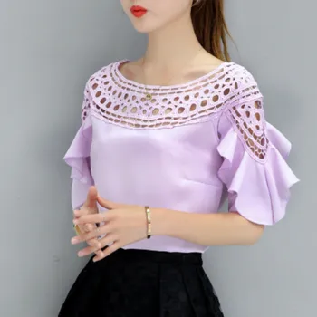 

2018 autumn fashion women blouse hollow out solid slash neck butterfly sleeve causal women top Chiffon blouse trim 1021 40
