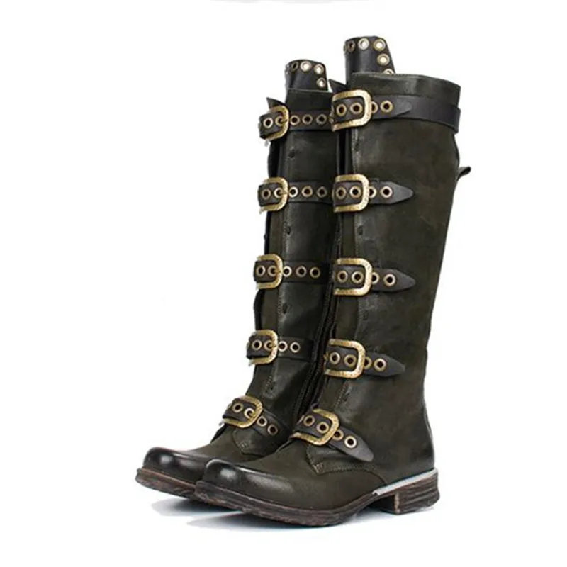 Flash Deal Jady Rose Punk Style Black Women Knee High Boots Genuine Leather Belt Straps High Boots Female Platform Rubber Flat Riding Boot 16