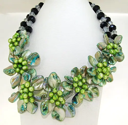 

06443 Charm Green Shell Mop Freshwater Pearl Beads 7Flower Beads Necklace 18