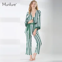 Munllure Весна комплект из четырех предметов элегантные полосатые сексуальные пижамы костюм с бюстгальтером Дамская Высококачественная Шелковая пижама