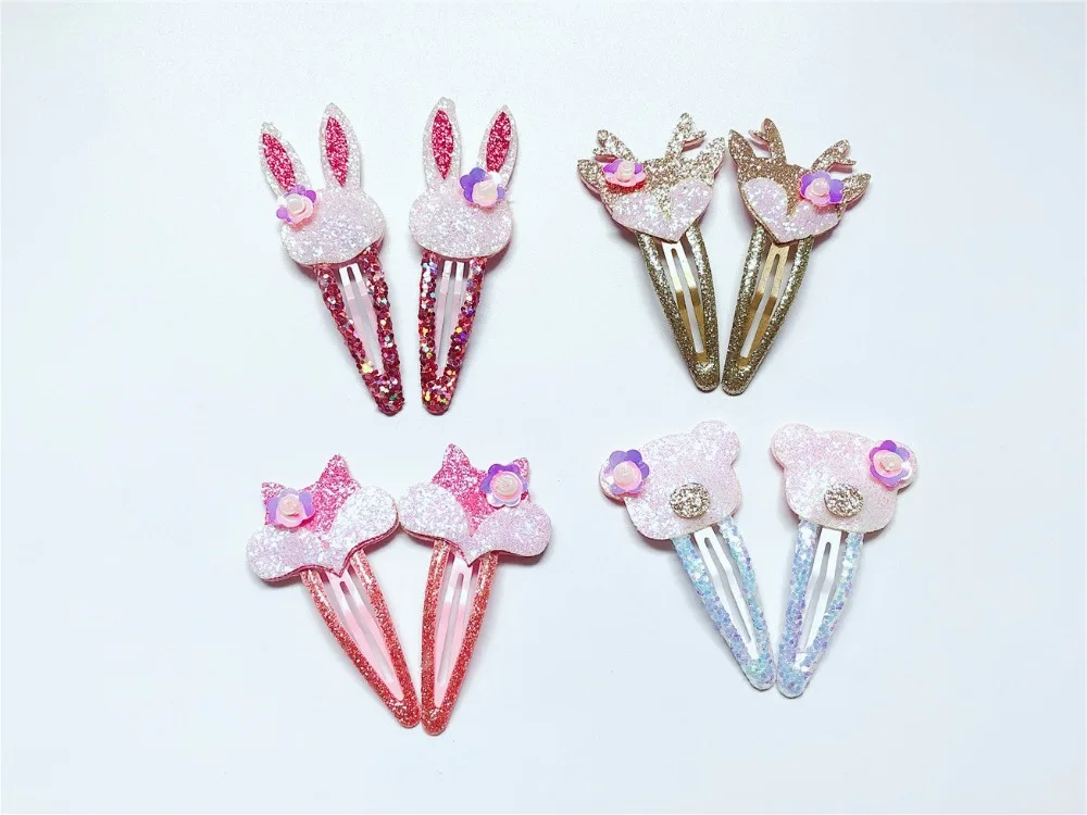 Boutique ins 12Sets Fashion Cute Glitter Deer Rabbit Snap Clips Floral Pig Fox Hairpins Princess Headwear Hair Accessories