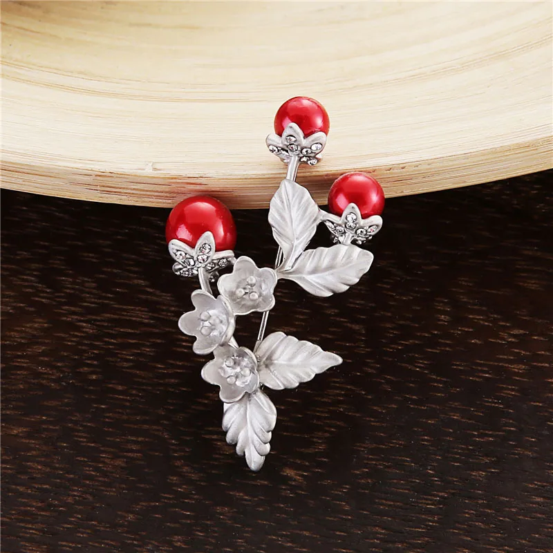 TDQUEEN Brooches Red Simulated Pearl Flower Pins and Brooches Safety Pin Jewelry Zinc Alloy Metal Brooch for Women BR0054-1