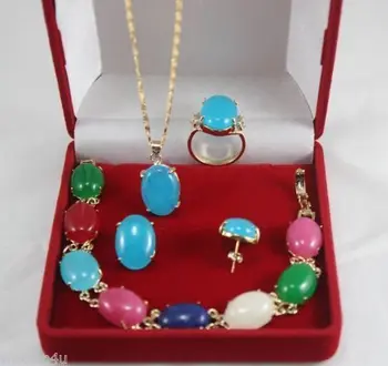 

charming Sets 18K GP multicolor jade pendant bracelet ring earringAA11 5.23