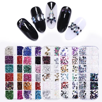 

12 Grids/Box 3D Nail Art Decorations Colorful Nail Rhinestones Flat Bottom Mixed Patterns DIY Nail Decors Accessory