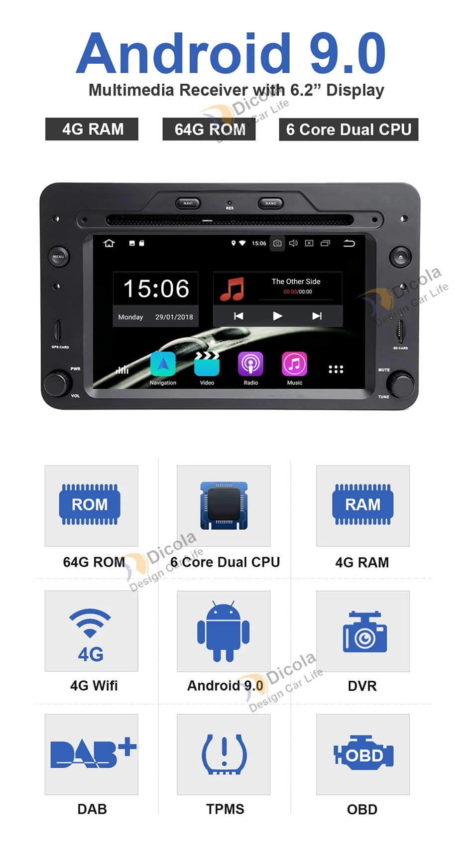 Discount 4+64G Android 9.0 GPS Navigation Autoradio For Alfa Romeo 159 Brera Spider Sportwagon 2006 Car DVD Player Head Unit Wifi Audio 3