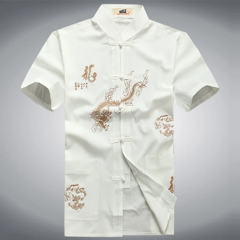 Летние шорты Рубашки для мальчиков Традиционный китайский мужские красный черный, белый цвет кунг-фу Боевые искусства форма рубашка Дракон топ с вышивкой - Цвет: Белый