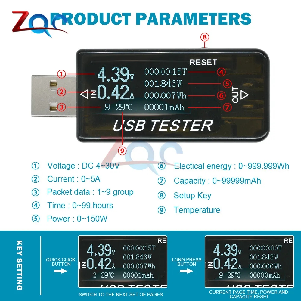 Вольтметр амперметр USB 8 в 1 QC2.0 QC3.0 4 30 электропитание измеритель напряжения тока