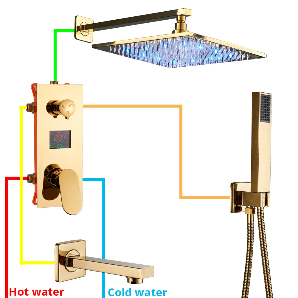 Uythner золото цифровой смесители для душа набор светодиодный осадков Насадки для душа Золотой 3-сторонний выход Цифровой температурный Дисплей смесителя излив на ванну душ