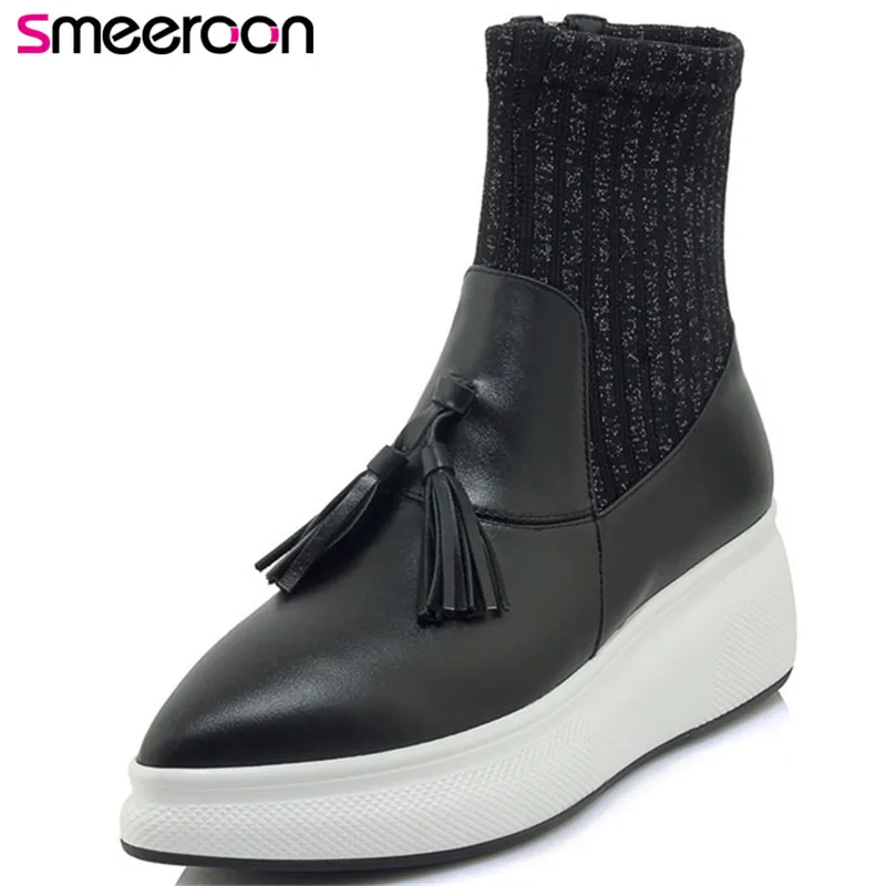 

Smeeroon 2018 new arrival ankle boots for women pointed toe genuine leather boots simple zipper fashion platform shoes woman