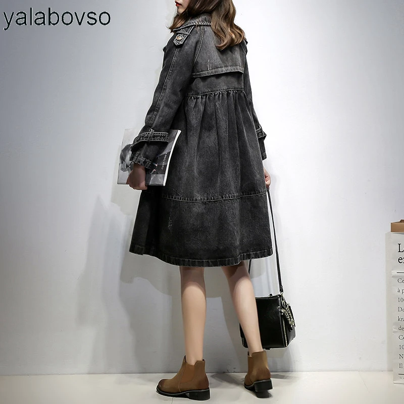 

Office Lady Denim Blue Black color windcoat Loose Double Breasted Button Pocket Patchwork Fashion cowboy Coat for woman A0G z20
