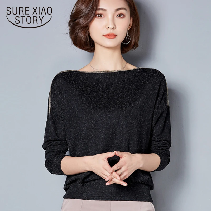 

2019 Fashion women T shirt Spring Slash Neck Bat Long Sleeves women shirts Female top Solid Casual Plus Size Shirt 90B 30