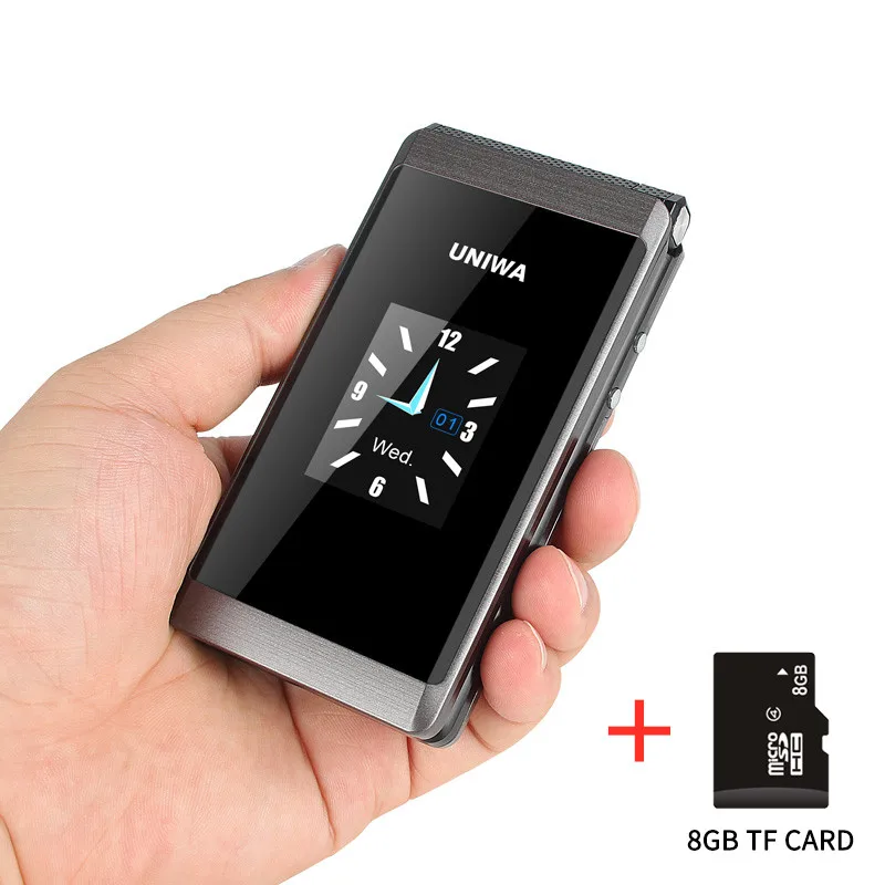 UNIWA X28 X18 флип GSM мобильный телефон 1,77, 2,8 дюймов двойной дисплей Dual SIM телефон для пожилых беспроводной Bluetooth FM мобильный телефон для пожилых людей - Цвет: Add 8GB TF Card