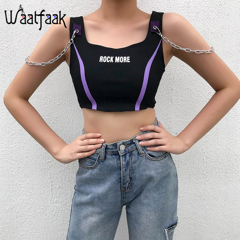 

Waatfaak Black Fitness Tank Top With Chain Striped Letter Graphic Crop Top Women Knitted Summer Harajuku Croptop Female