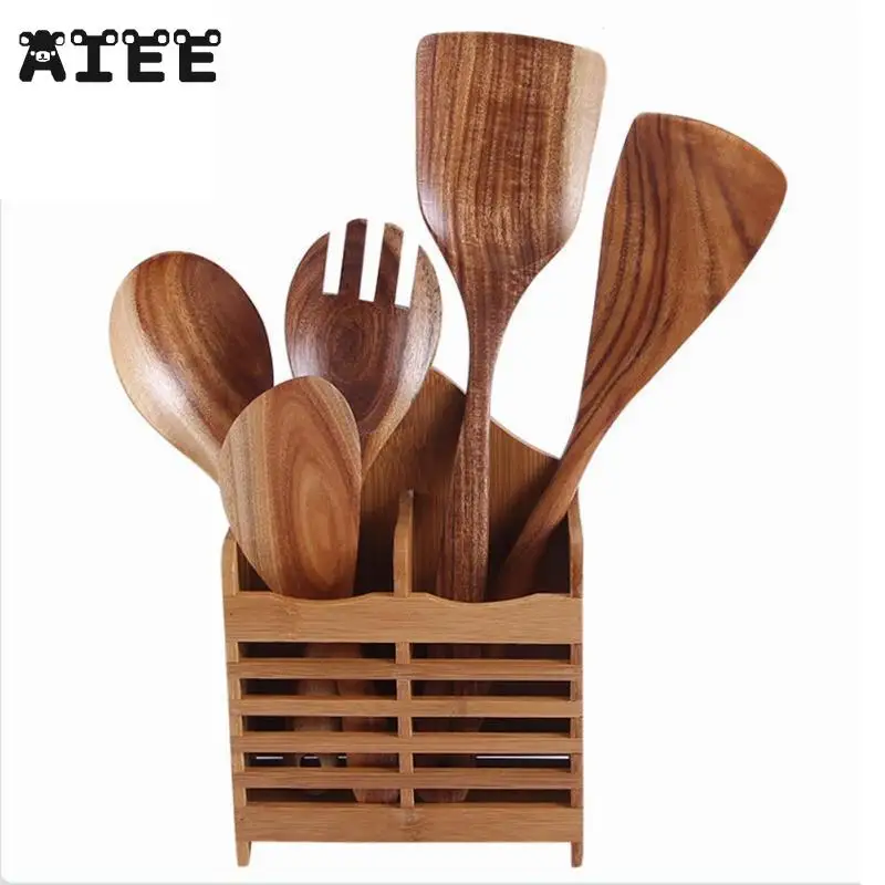 

Aiee 2018 New Natural Wood Cutlery Suit For Dinner Lunch Kitchen Supplies Slotted Spatula Spoon Children's Healthy Dinnerware