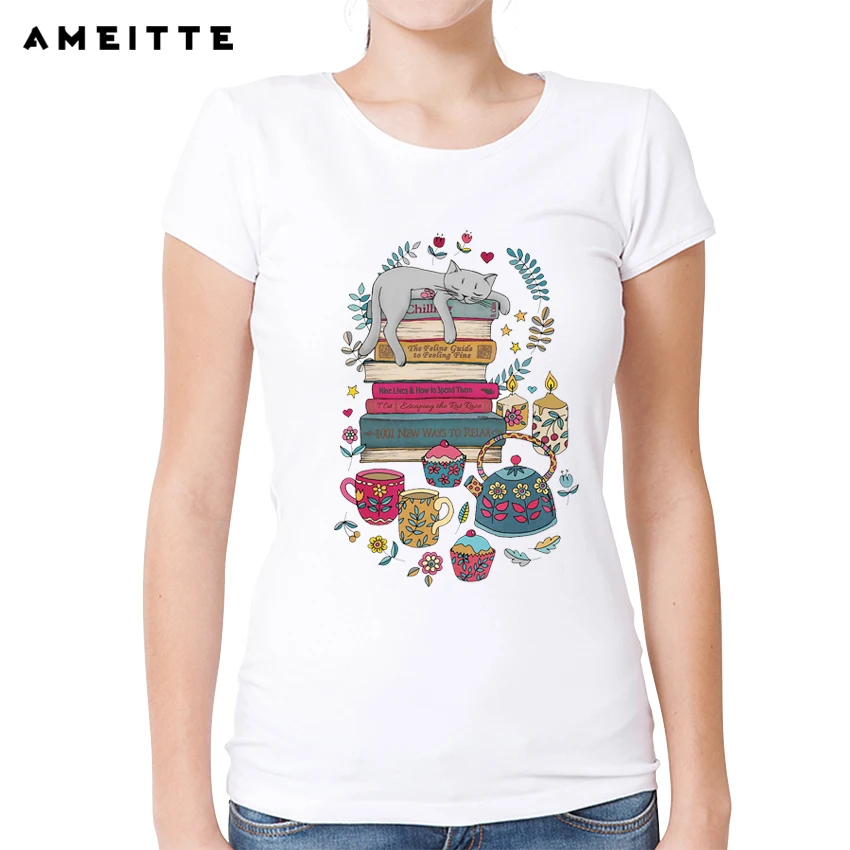 

Cute Cat Pattern T-Shirt Funny Sleep Cat Books Flowers T Shirt Summer Women/Ladies Harajuku Hipster Tops Tee Shirts