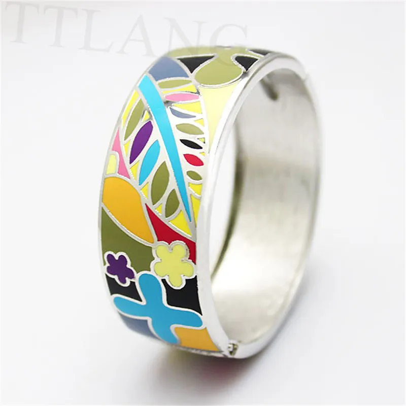 

2.5cm Width Colorful Flowers Silver Plated Spring Openable Enamel Jewelry Bangle