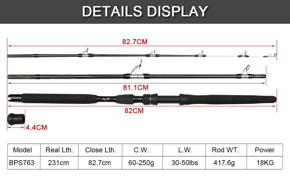 RoseWood New BPS763 231cm Full Parts Cross Carbon Fiber Popping Rod Boat Rod MH Power 18KG Saltwater Surf Fishing Rods  (4)