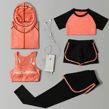 Новое поступление, Женский комплект из 5 предметов, пальто+ футболка+ бюстгальтер+ шорты+ штаны, быстросохнущая одежда для йоги, осенняя одежда для спорта на открытом воздухе, бега, фитнеса, тренажерного зала