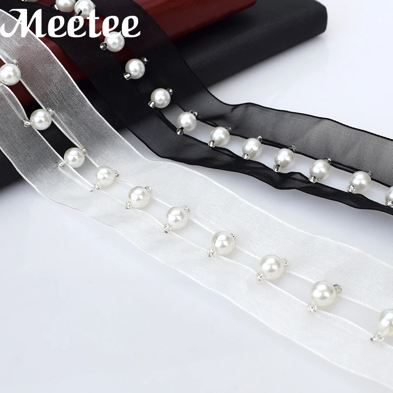 

5Yards Mesh Beads Lace Ribbon Fashion Pearl Trim Skirt Cuffs Doll Wedding Dress Fabric DIY Garment Accessories ZK788