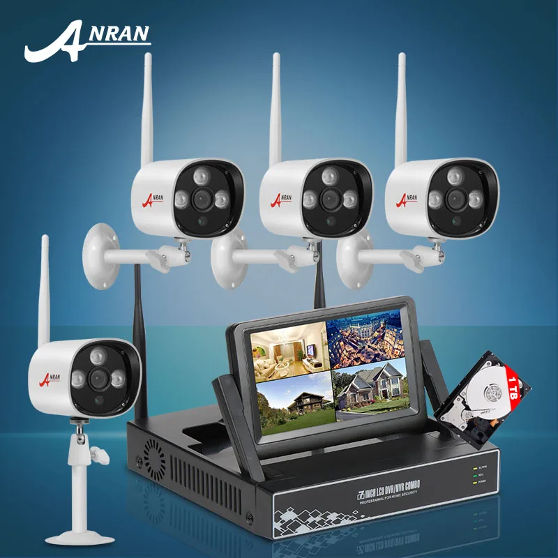 ANRAN 4CH CCTV System Wireless NVR 7" LCD Screen H.264 P2P Cloud 720P HD Outdoor IR WIFI IP Camera Security Camera 1TB HDD