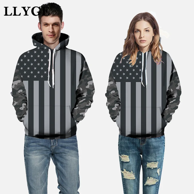 LLYGE Striped Hooded 3D Print Men's Sweatshirt Spring Long