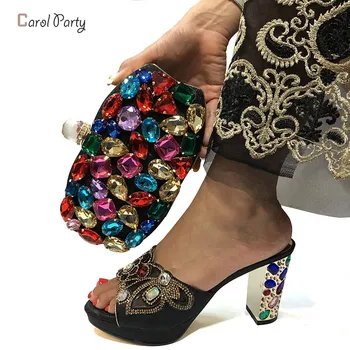 

Latest Black Color Wedding Clutch Bag Match Nigerian Women Shoes and Bag Matching Set African Shoes and Bag Match for Party