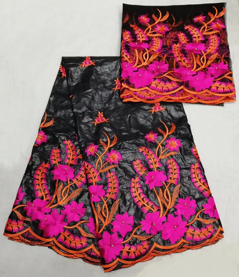 

(5+2yards/set) high quality embroidered African bazin lace fabric in black and fushia mathced Scarf lace for party dress BZL19