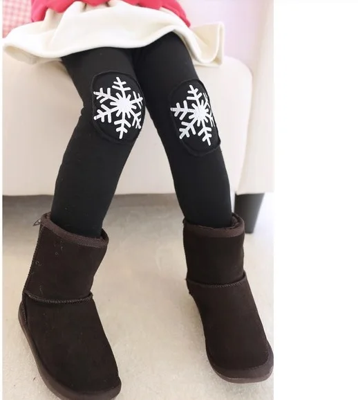 Зимние детские штаны высокого качества для девочек, теплые бархатные леггинсы с рождественским принтом снежинки, сапоги и штаны - Цвет: Черный